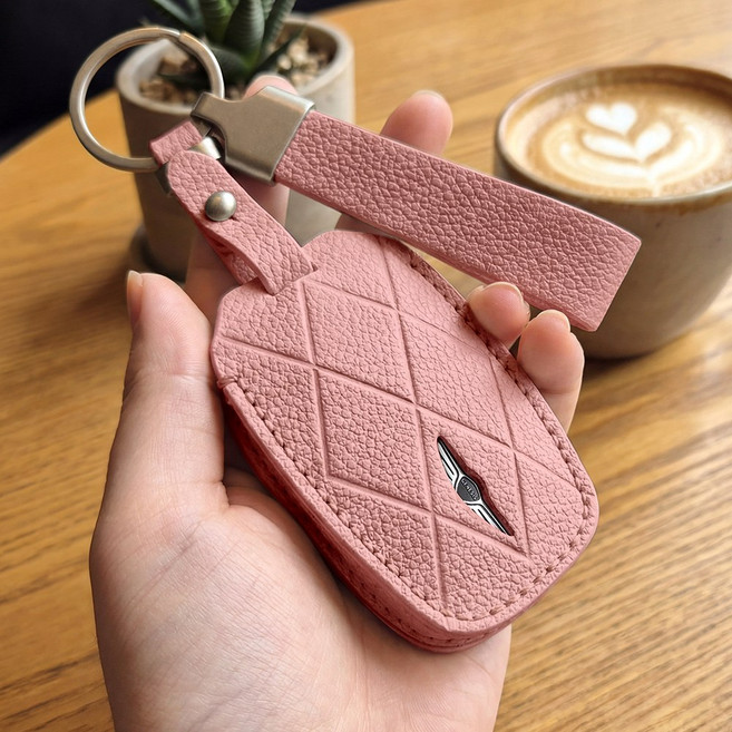 강튼 제네시스 가죽 차키 케이스 키홀더 키커버 GV80 G80 GV70 G70, 제니시스A타입(6버튼), 핑크