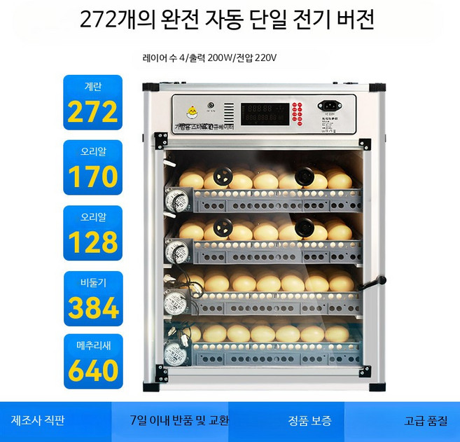 계란 부화기 자동 온도조절 가정용 소형 스마트 병아리 메추리 거위 달걀 부화기, 272개, 10_계란 272개 자동 회전 물보충