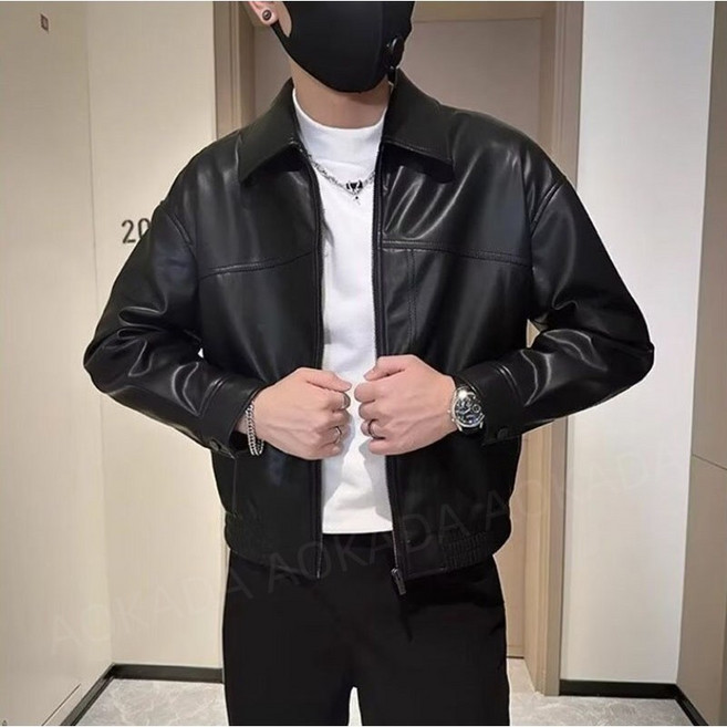 AOKADA 남성 봄 가을 카라넥 캐주얼 PU 가죽 숏 아우터 자켓