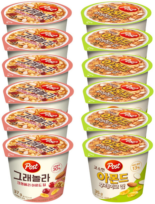 동서 포스트 컵시리얼 2종 6개씩(크랜베리아몬드컵+고소한아몬드후레이크컵), 12개, 35g