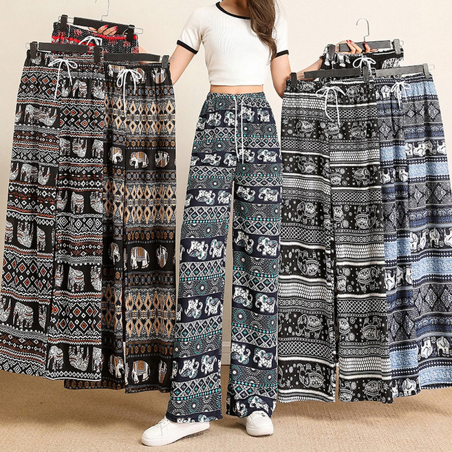 1+1 할미 플리츠 냉장고 와이드 팬츠 바지 여름 쿨 몸빼 태국 코끼리바지 고무줄 동남아 9부