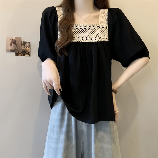 Makone 여성 스퀘어넥 펀칭 빅사이즈 셔츠 펀칭 퍼프 소매 트랜드 스타일리시 루즈핏 반팔 블라우스
