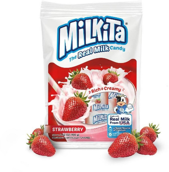 미국 밀키타 리얼 밀크 저당 딸기라떼 젤리 사탕 25개입 X 2봉, 100g