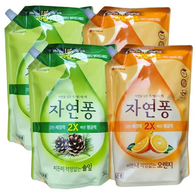 엘지생활건강 자연퐁 리필 1.4L 주방세제 솔잎향 2개 오렌지향 2개, 4개