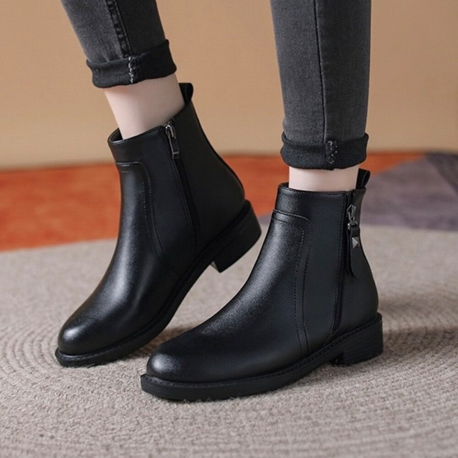 黑色皮面側拉鍊防水短靴 女款踝靴 3.5公分跟高