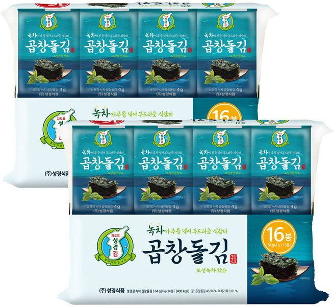 [지도표 성경김] 녹차 곱창돌김 도시락김 조미 식탁 맛있는 김 16봉 64g 2개 재래김 곱창김 대용량
