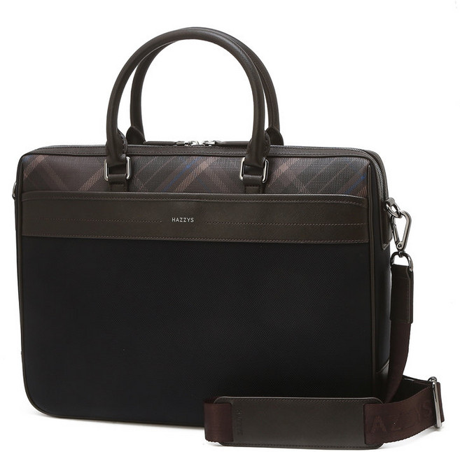 [국내매장정품]헤지스 액세서리 남성 브라운 체크 가죽배색 나일론 서류가방