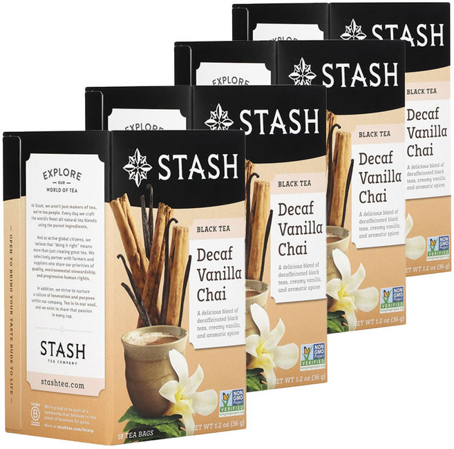 Stash Tea 스태쉬티 스타시티 홍차 블랙티 디카페인 바닐라 차이 티백, 2g, 18개입, 4개