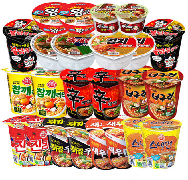 [간식팩토리] 진라면+튀김우동+참깨라면+육개장+신라면+너구리+새우탕+김치사발+왕뚜껑+스낵면+불닭+짜파 소컵 각2개 총 24개