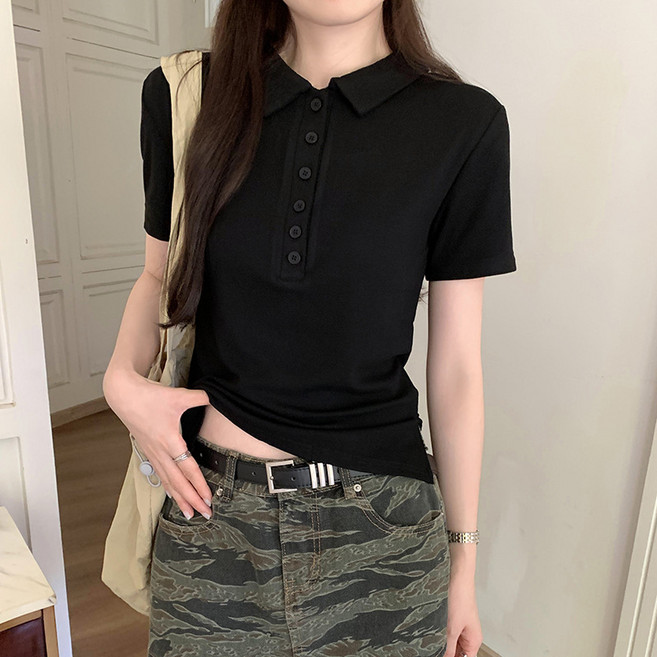 ANYOU 여성 여름 카라넥 버튼 반팔 슬림 세련된 디자인 티셔츠