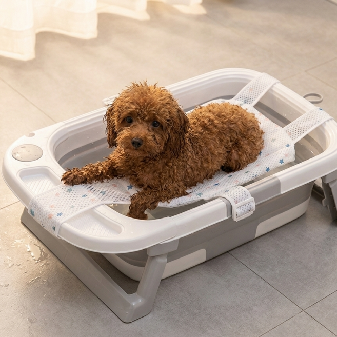 튼튼댕냥 반려동물 초슬림 더블폴딩 펫욕조, 1개, 그레이