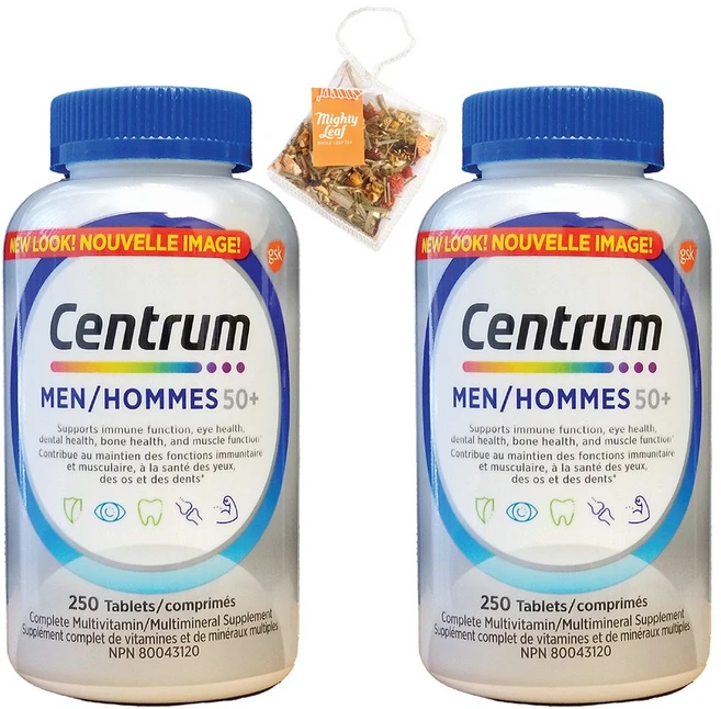 CENTRUM 캐나다 내수용 센트룸 50세이상 남성 종합 멀티 비타민 미네랄 250정(8개월분) 대용량 250정-2병(마이티리프 티백1개 무료증정! 캐나다 내수용), 250정, 2개 - 쿠팡