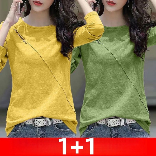 1+1 슬라브 긴팔티셔츠 여성 봄가을 루즈핏 빅사이즈 라운드넥 레깅스 상의