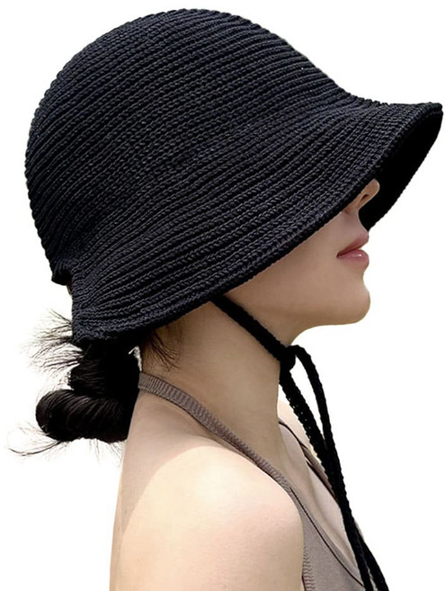 리보마 여성 니트모자 밀짚 버킷햇 턱끈 와이어