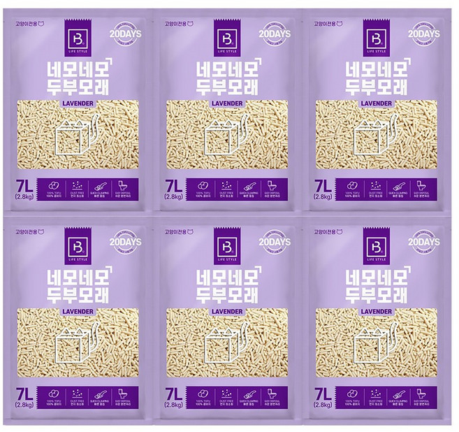 브리더랩 네모네모 두부모래 라벤더 7Lx6개 고양이 모래, 7L, 라벤더향