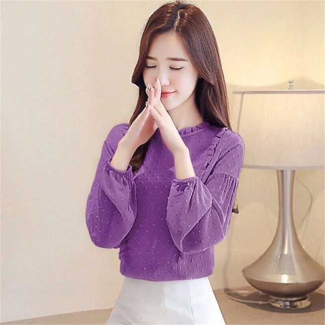 TKX 여성용 쉬폰 블라우스 프릴넥 라운드넥 긴팔 심플 오피스 데일리 데이트룩 슬림핏 여성스러운 디자인