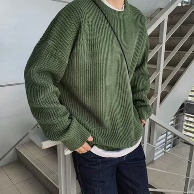 秋冬純色圓領寬鬆針織毛衣男女皆可百搭韓版潮流上衣