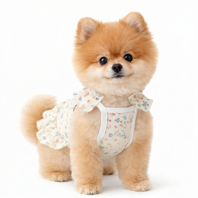 렛츠독 강아지 공주 쭈리 하네스 일체형 나시 원피스 옷, 1개, 화이트잔꽃