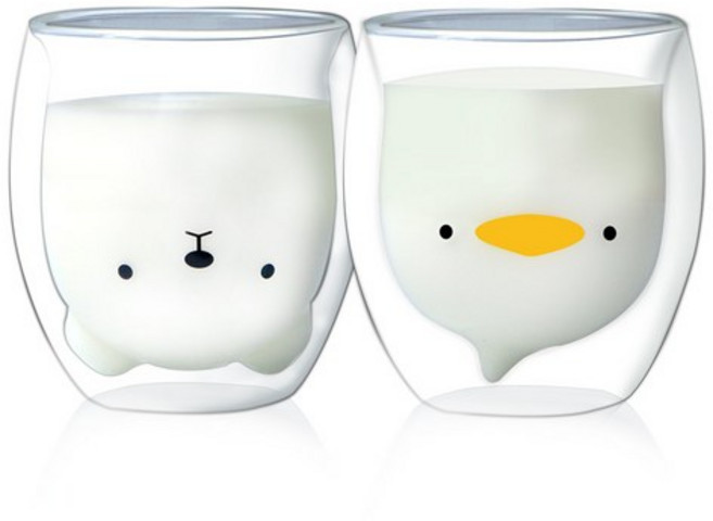 귀요미 캐릭터 내열 이중유리컵 2종 세트, Yellow Duck Blunt Bear, 3개