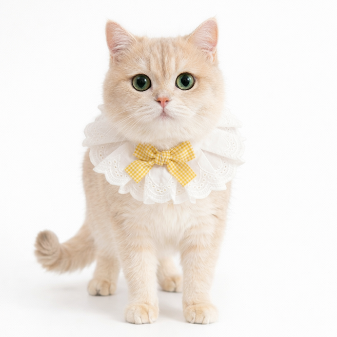 렛츠독 고양이 강아지 하이디 공주 레이스 체크리본 스카프 턱받이, 1개, 옐로우체크