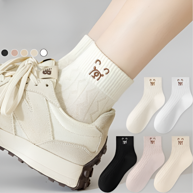 부드럽고 귀여운 곰돌이 자수 여성 단목 양말 세트