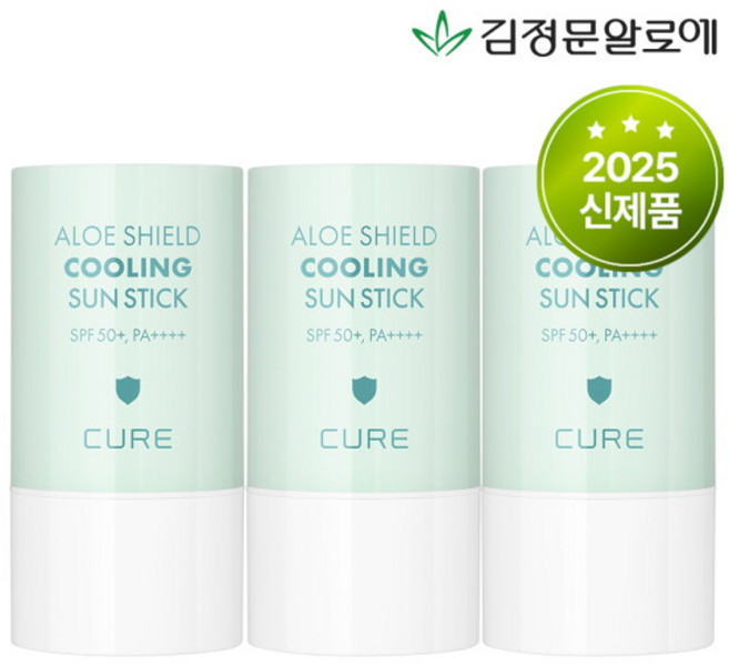 [김정문알로에] 큐어 알로에 쉴드 쿨링 온가족용 민트 선스틱 23g [수딩자차] 3개