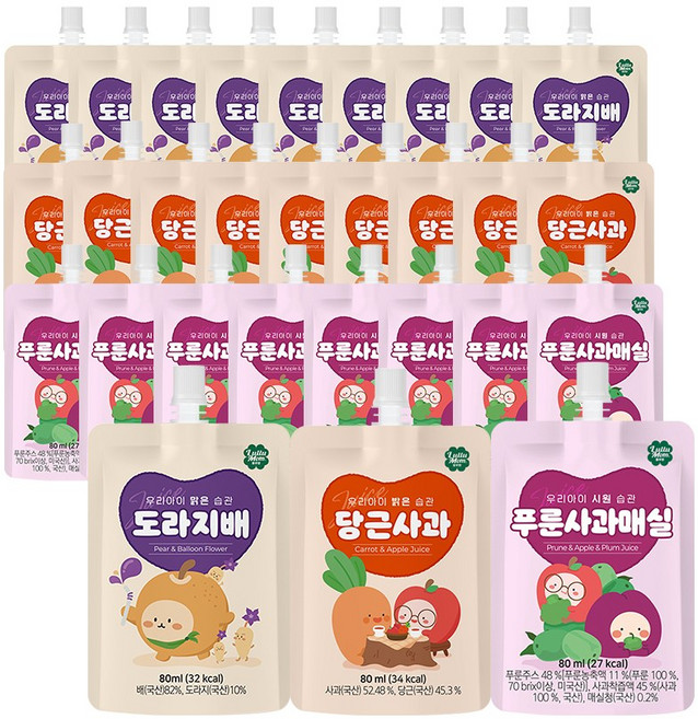 룰루맘 습관주스 혼합 도라지배즙 80ml 10개 + 당근사과 80ml 10개 + 푸룬사과매실 80ml 10개 (총30개), 30팩, 혼합(도라지배,당근사과,푸룬사과매실)