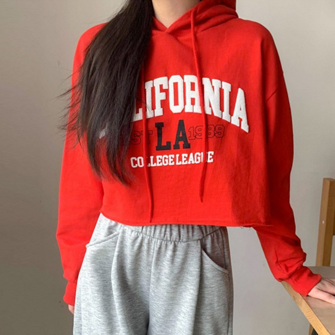 캘리발포 크롭후드티셔츠)발포나염 크롭후드티 영문후드티 후드티셔츠 크롭티셔츠 모자크롭티 영문프린팅 숏기장 캐쥬얼 스타일