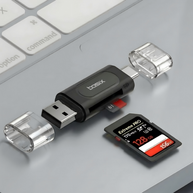 베이식스 SD카드리더기 USB C+A타입 멀티리더 아이폰 갤럭시 노트북 OTG 지원, 1개, 블랙