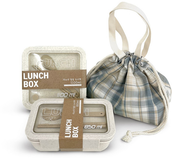 다소다 밀짚 도시락통 직장인 런치박스 전자레인지 밀프랩 용기, 밀색세트, 1세트