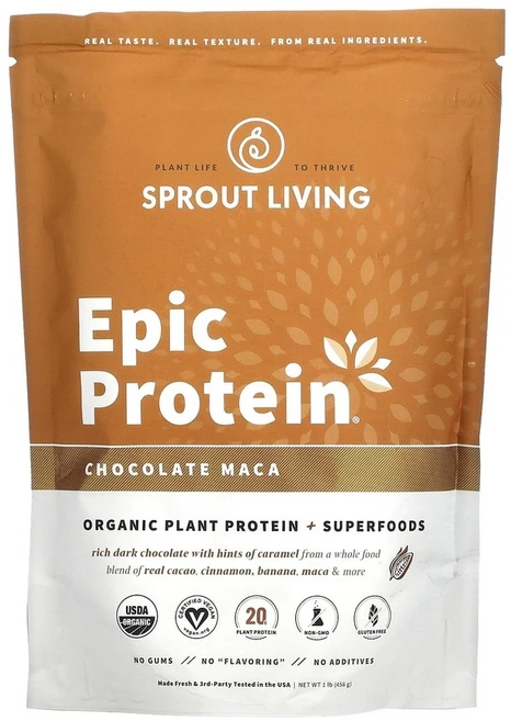 스프라우트 리빙 Epic 프로틴 유기농 식물성 단백질 플러스 슈퍼 푸드 초콜릿 마카 456g (1lb), 1개 - 쿠팡
