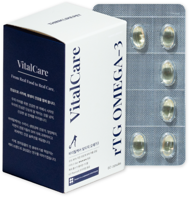 씽크라이크펫 바이탈케어 강아지 고양이 오메가3 60캡슐 250mg 최대 2개월분 순도 80% KD파마 원료, 1박스, 오메가 지방산, 60정