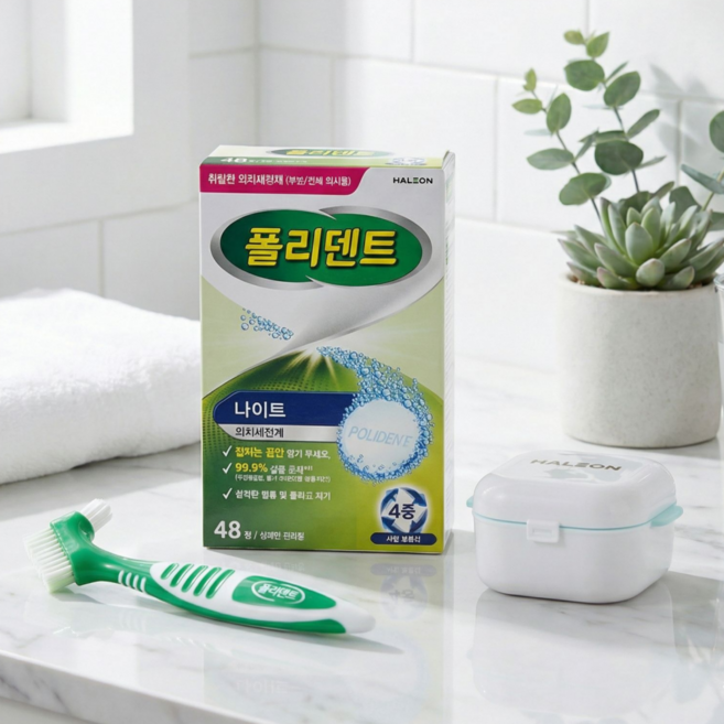 폴리덴트 나이트 의치 세정제 48정 + 틀니보관함 + 틀니칫솔 3종 세트, 1개, 1세트