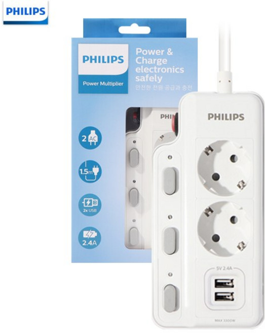 필립스 USB멀티탭 고용량 과부하차단 개별스위치 2구 3구 4구, USB 2포트 2구, 1개