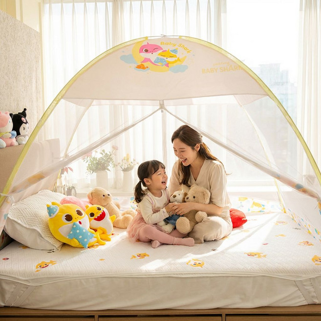 26년 NEW 핑크퐁 아기상어 유아 원터치 모기장 텐트 캐릭터 1인용, 아이보리