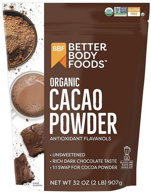 BetterBody Foods 유기농 카카오 파우더 무가당 풍부한 초콜릿 맛 GMO 프리 글루텐 946.4ml32온스 0.9kg2파운드 백 155715, 32 Ounce (Pack of 1), 907g