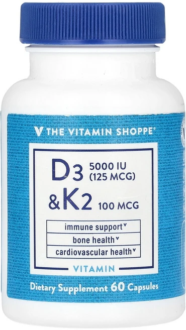The Vitamin Shoppe Vitamin D3 & K2 60 Capsules, 5000 IU, 60 Count, 1개, 60정 - 쿠팡