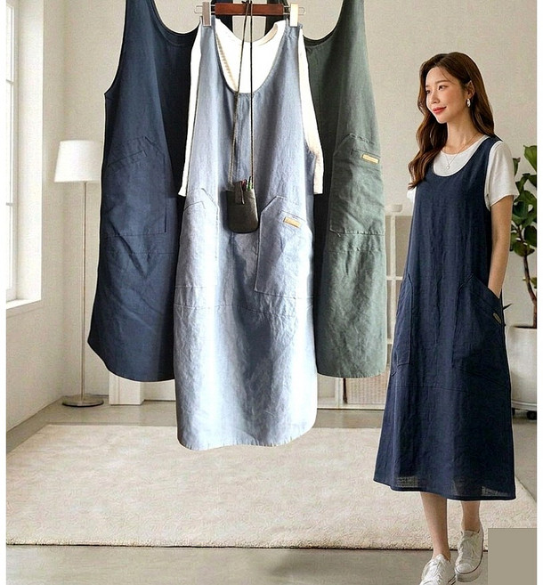 멜빵원피스 항아리핏 린넨 면마 큐티 롱 멋스러운 엔카