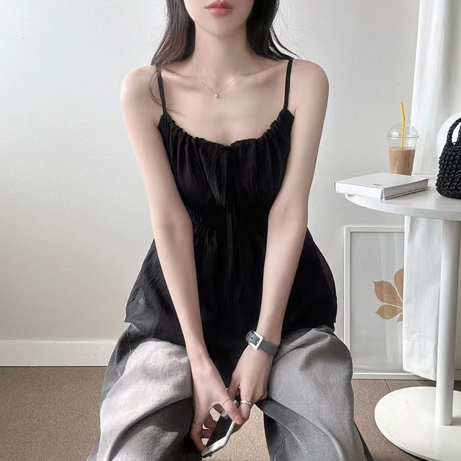 쪼예 에어리 시스루 리본 밴딩 쉬폰 나시 블라우스 탑