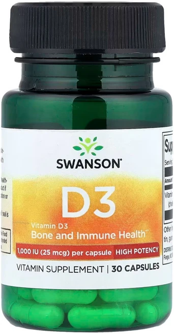 Swanson 비타민D3 고효능 25mcg(1 000IU) 캡슐 30정 Swanson (스완슨), 1개, 30회분 - 쿠팡
