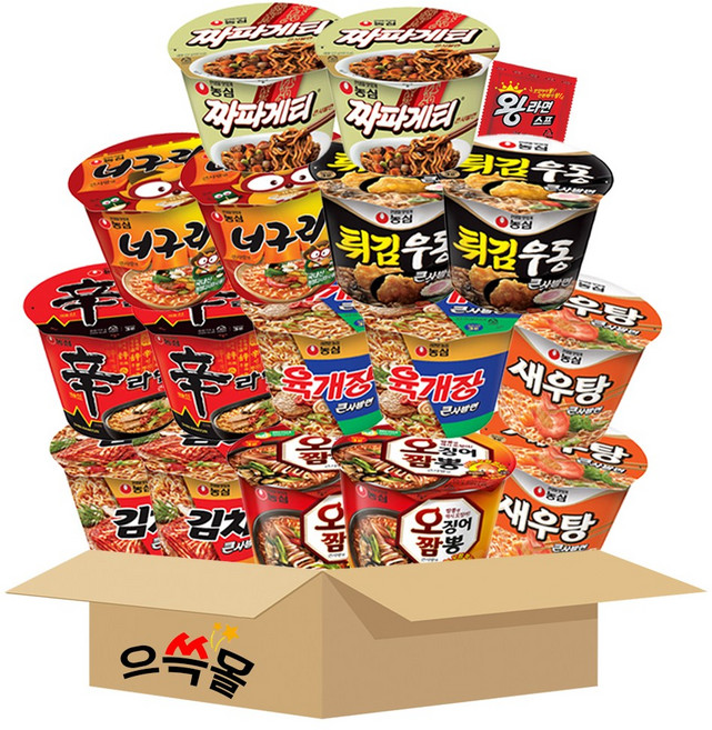 농심 컵라면 큰컵 세트 김치 너구리 새우탕 신라면 오징어짬뽕 육개장 짜파게티 튀김우동 탕비실 간편식, 1박스, 큰컵 8종 16개