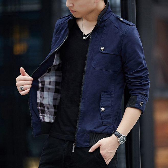 冬季加絨加厚保暖水洗夾克 重磅立領軍裝飛行夾克 多口袋純棉機車外套【台灣現貨】, 秋款-藍色,4XL【80-90KG】