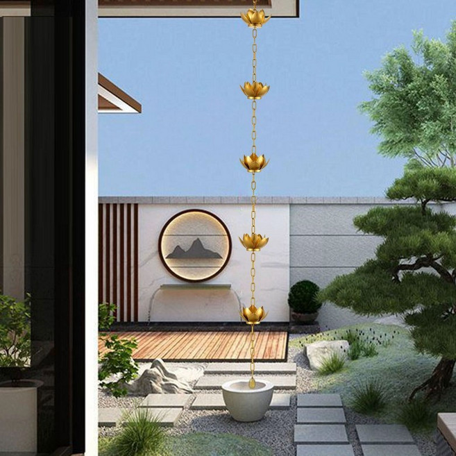 낙수관 빗물받이 처마 인테리어 작은 새 풍경, 골드 레인 체인 1.2m