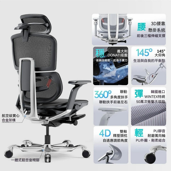 人體工學辦公椅 3D腰靠懸掛 義大利DONATI底盤 145°大仰角 360°扶手 WINTEX網布 4D頸枕 PU靜音輪, 黑色