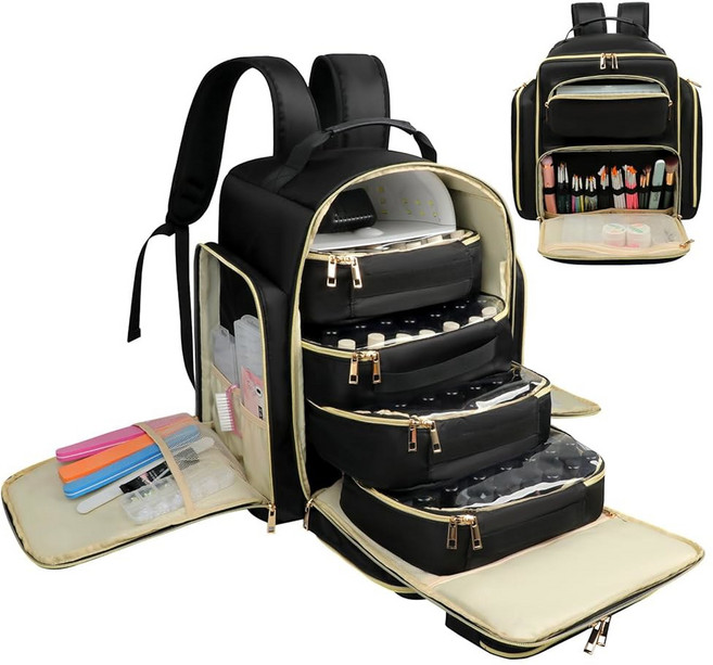 코브케브 네일 폴리시 오거나이저 80병(15ml / 0.5 fl.oz) & 램프 손잡이가 있는 이중 백 케이스 대형 용품 및 여성 여행용 키트 보관 케이스(블랙 골든), Elegant Black - 140 Bottles