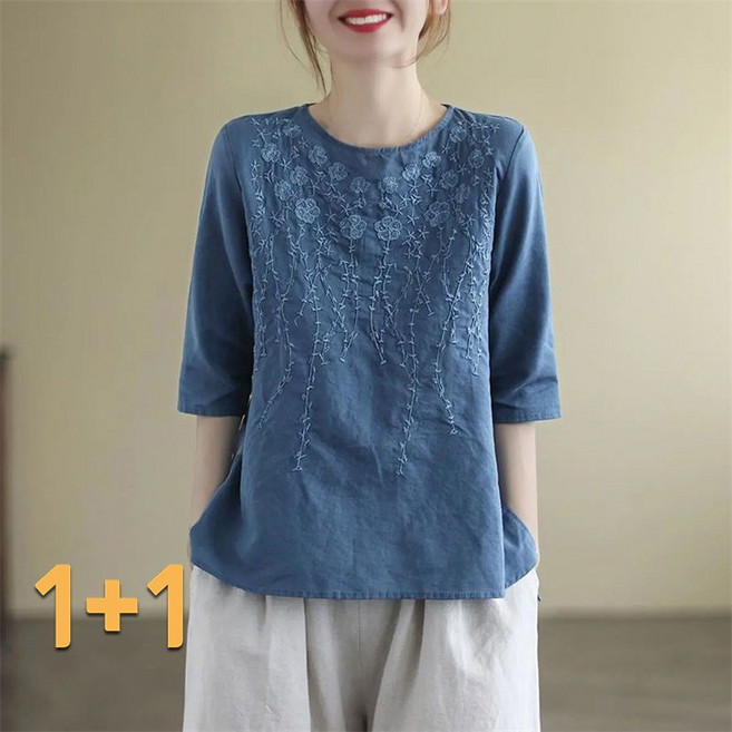 1+1 2p 순면 린넨 티셔츠 예쁜 플라워 자수 라운드 7부소매 면마 상의 빅사이즈 중년여성복 엄마 데일리복