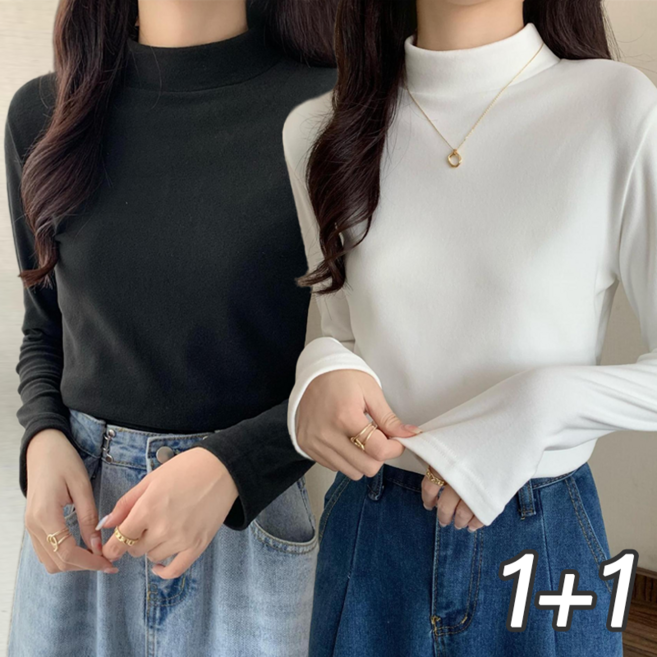 NUNUHANA 여성 스판 반폴라 긴팔 티셔츠 2종세트