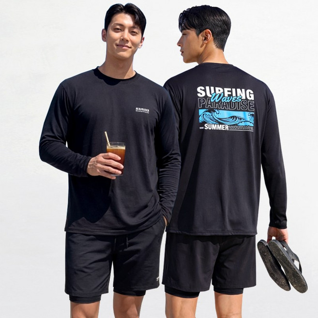 [자체제작] 서프라이더 남성 상하의 2장세트 긴팔수영복 래쉬가드 자외선차단 체형커버 오버핏 루즈핏 빅사이즈/SURFRIDER