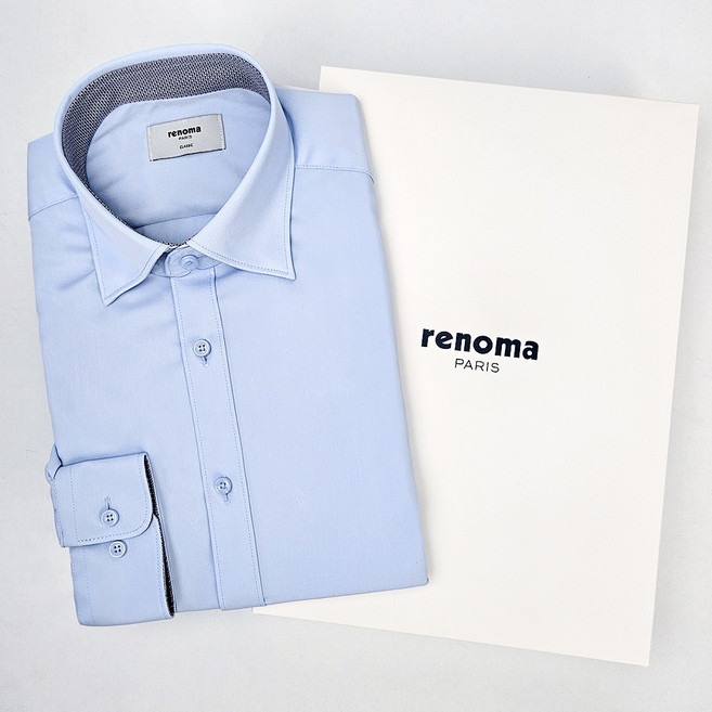[백화점 정품] 레노마 남성 긴소매 스판 트윌 솔리드 드레스셔츠 블루 일반핏 정장 와이셔츠 긴팔 (선물포장)