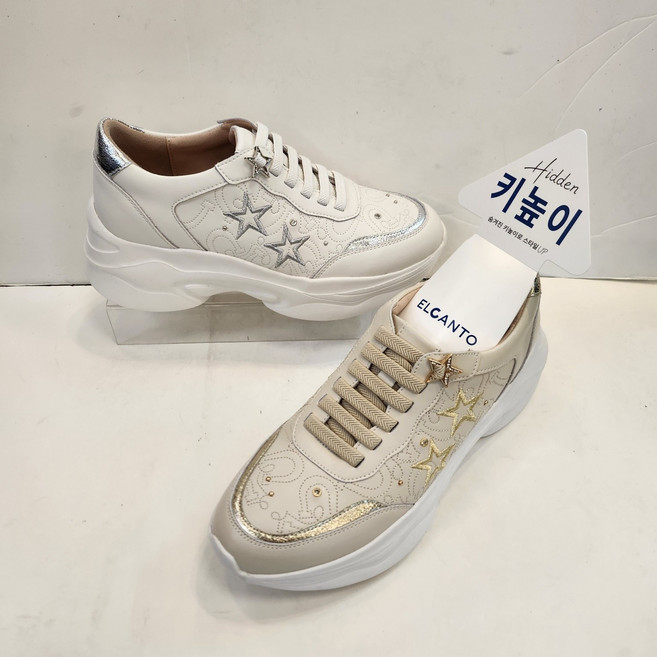 엘칸토 [키높이] 여성 소가죽 초경량 쿠션 UP 키높이 어글리 스니커즈 운동화(7센치)..별 모티브의 자수 디테일과 큐빅 장식으로 포인트를 준 캐주얼..정말 가볍고 정말 쿠션 좋음